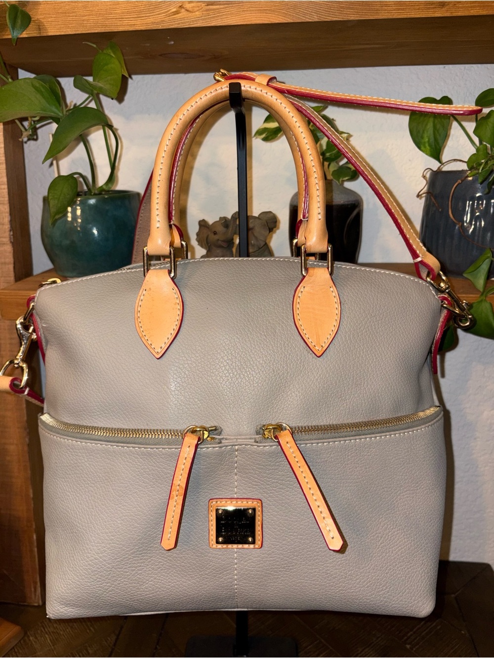 Dooney & Bourke Pebble Grain Leather Satchel Crossbody Gray Vachetta Trim EUC